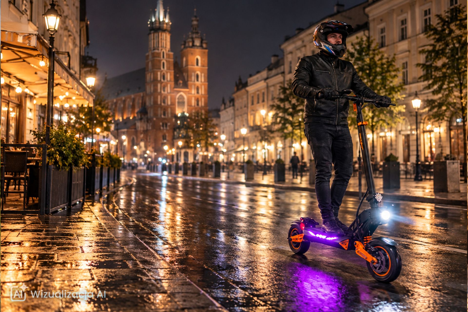 Wygenerowana przez AI wizualizacja mężczyzny na hulajnodze elektrycznej Kamikaze K1 Plus na nocnym Rynku Gł&oacute;wnym w Krakowie.
