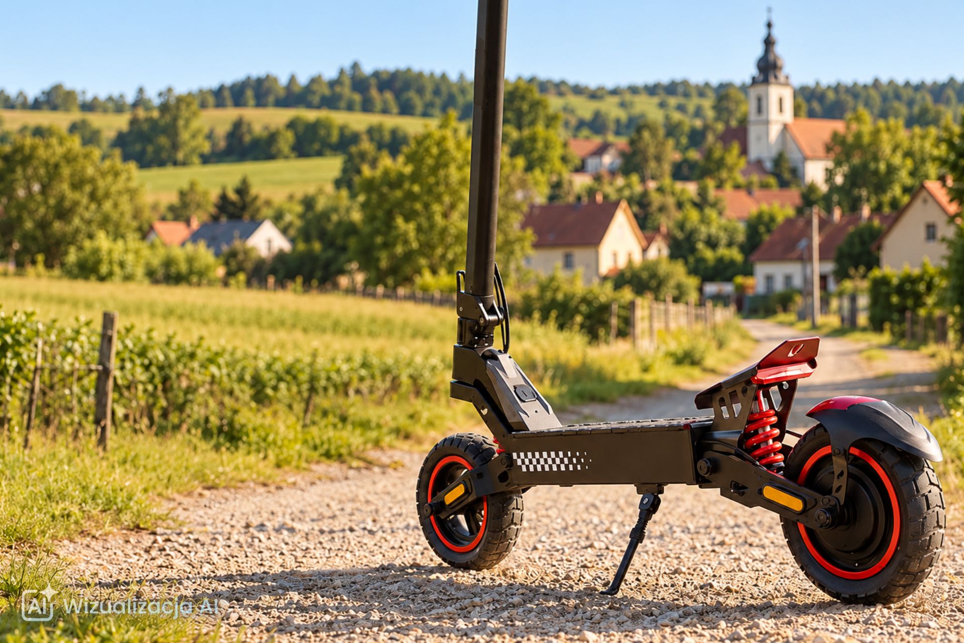 Wygenerowana przez AI wizualizacja hulajnogi elektrycznej Motus Daytona 10 stojącej na wiejskiej drodze wśr&oacute;d p&oacute;l i zabudowań.