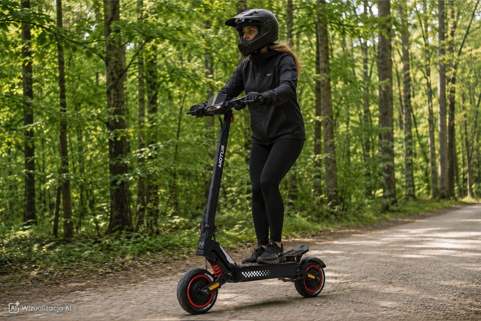 kobieta w kasku full face jadąca na hulajnodze elektrycznej Motus Daytona 10 Max po leśnej ścieżce