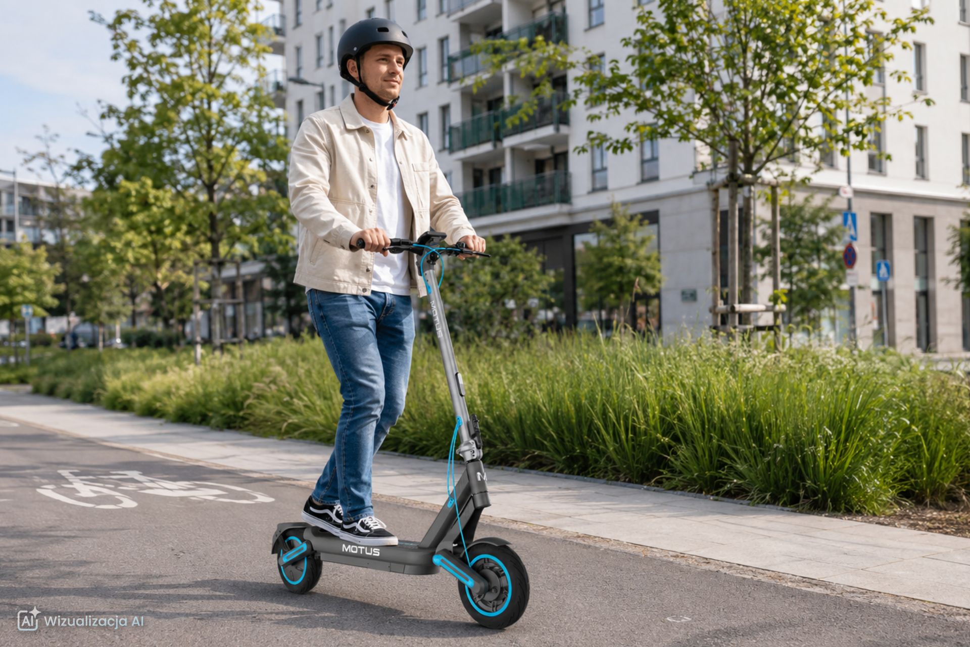 młody mężczyzna w kasku typu orzeszek na głowie jedzie hulajnogą elektryczną Motus Scooty 10 Max po ścieżce rowerowej w mieście