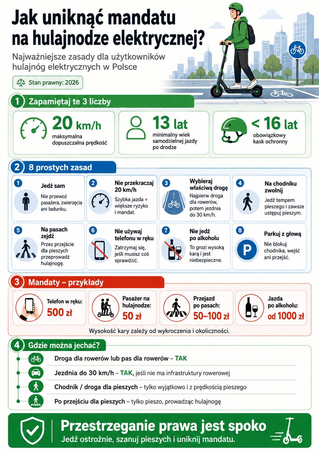 jak uniknąć mandatu na hulajnodze? najważniesze zasady rozpisane na przejrzystej infografice