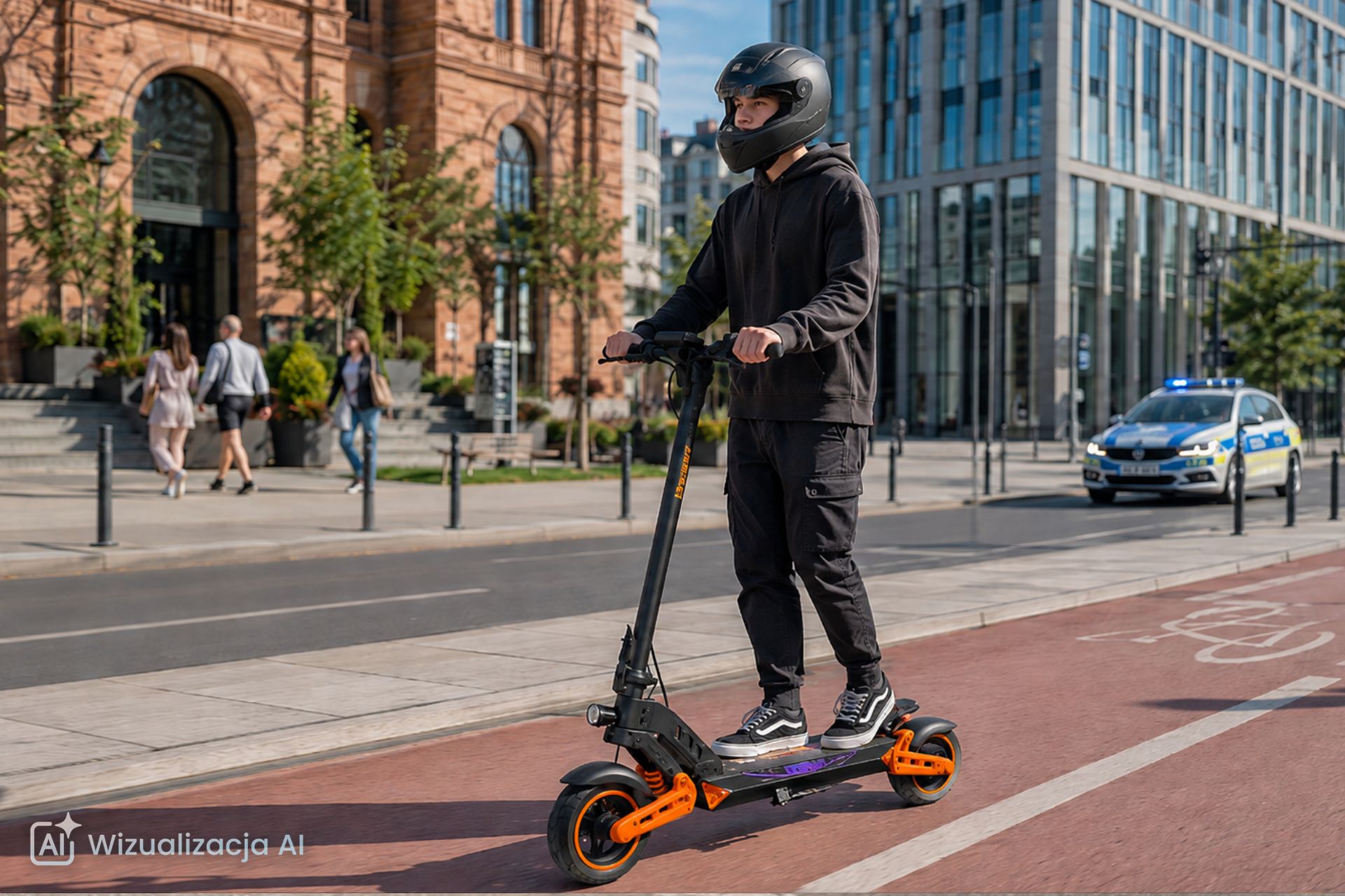 wygenerowany w AI nastolatek jadący na hulajnodze elektrycznej Kamikaze K1 Max po ścieżce rowerowej w mieście, mając na głowie kask full face; za nastolatkiem widzimy radiow&oacute;z