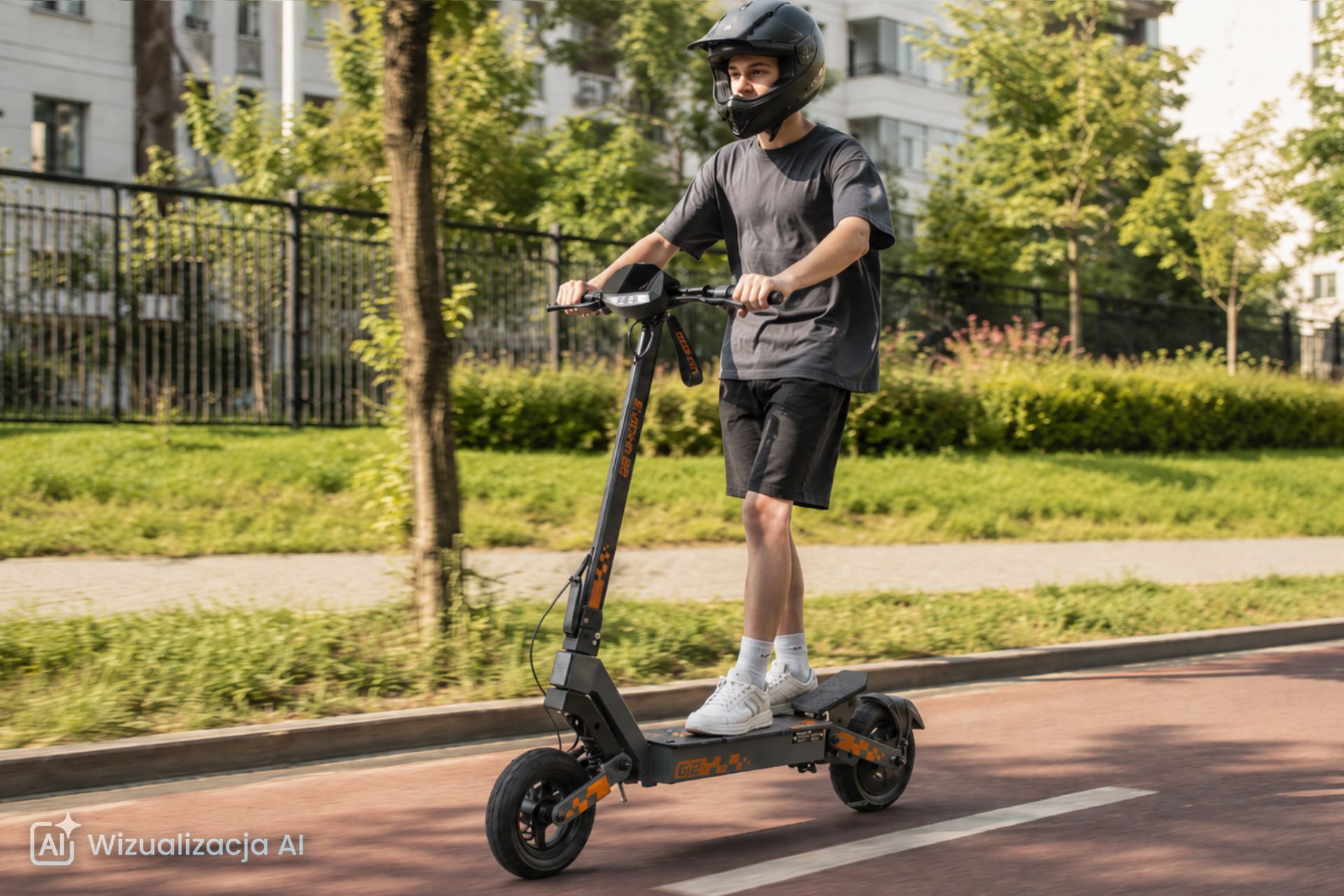 Grafika wygenerowana przez AI przedstawiająca nastolatka w kasku full face jadącego na hulajnodze elektrycznej KuKirin G2 po ścieżce rowerowej w polskim mieście latem.