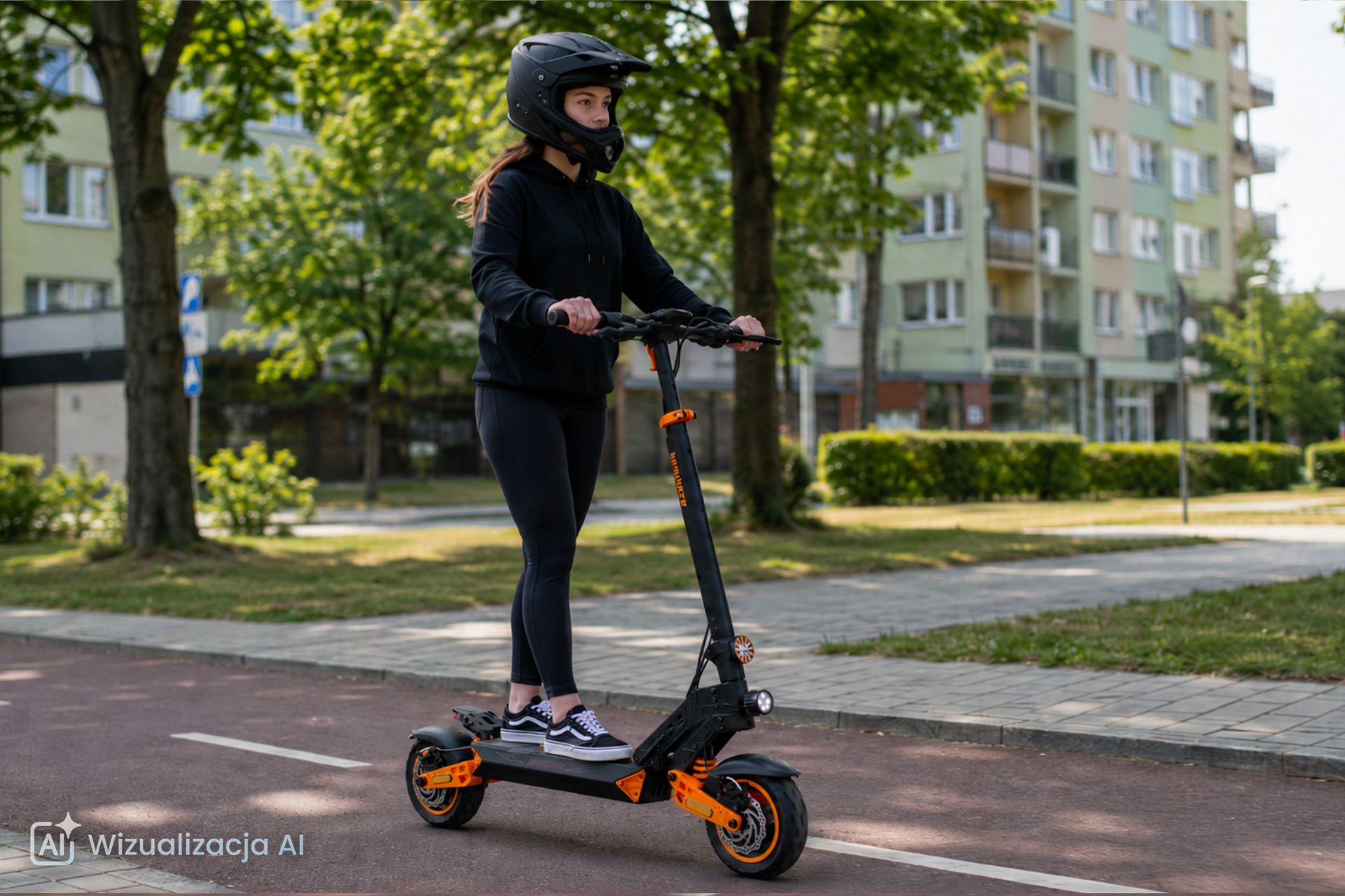 Nastolatka w kasku full face jedzie na hulajnodze elektrycznej Kamikaze K1 po ścieżce rowerowej w polskim mieście &ndash; grafika wygenerowana przez AI.