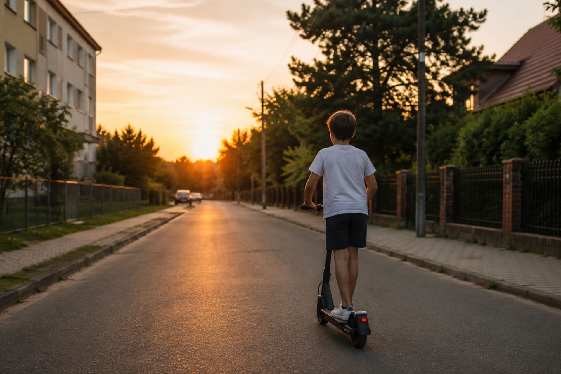 dziecko bez kasku jadące ulicą na hulajnodze elektrycznej, w polskim mieście przy zachodzie słońca