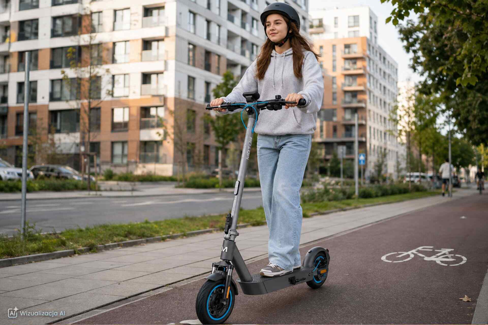 nastolatka w kasku typu orzeszek jedzie na hulajnodze elektrycznej Motus Scooty 10 Pro po ścieżce rowerowej w mieście