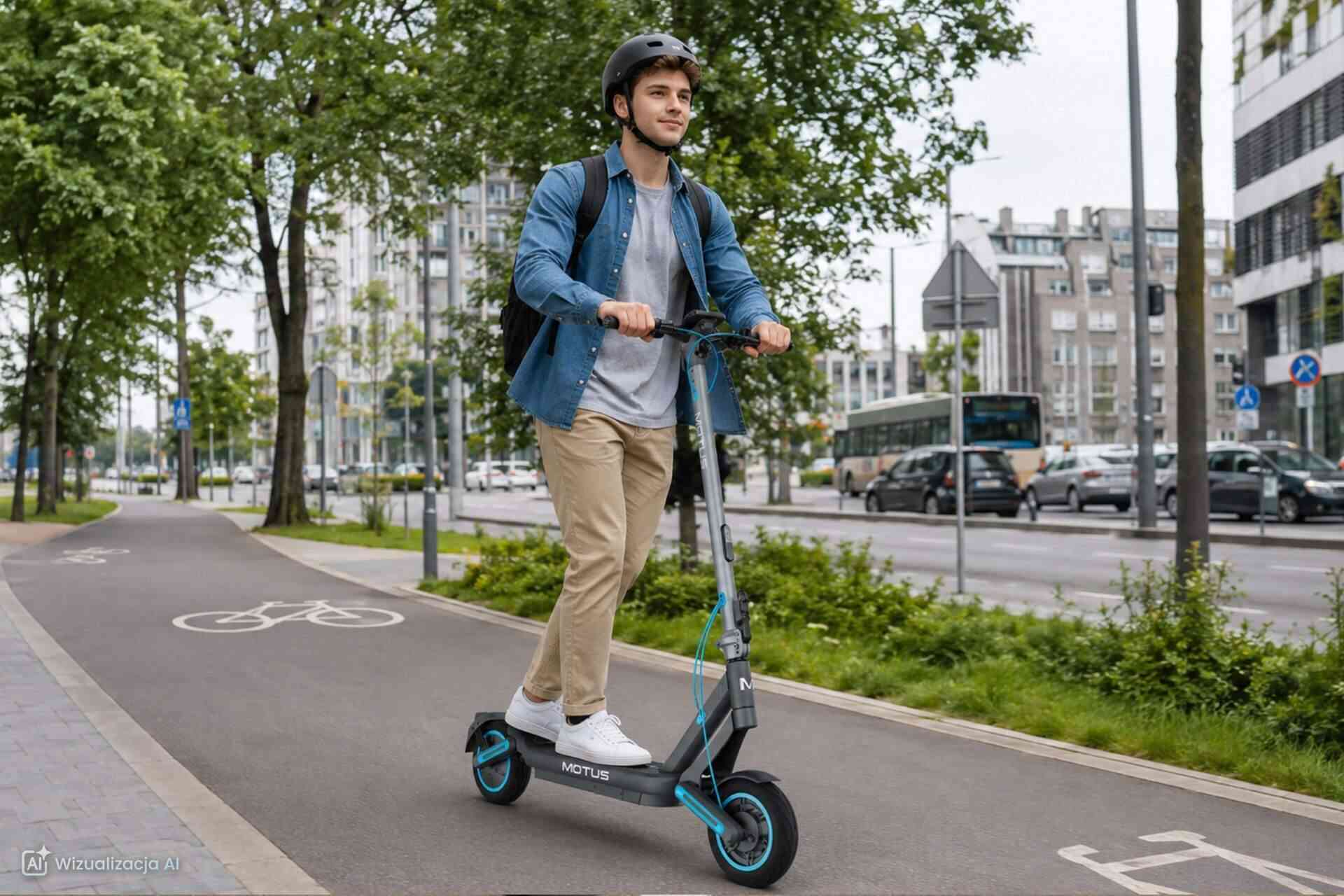 młody mężczyzna w kasku typu orzeszek jedzie na hulajnodze elektrycznej motus scooty 10 max po ścieżce rowerowej w mieście