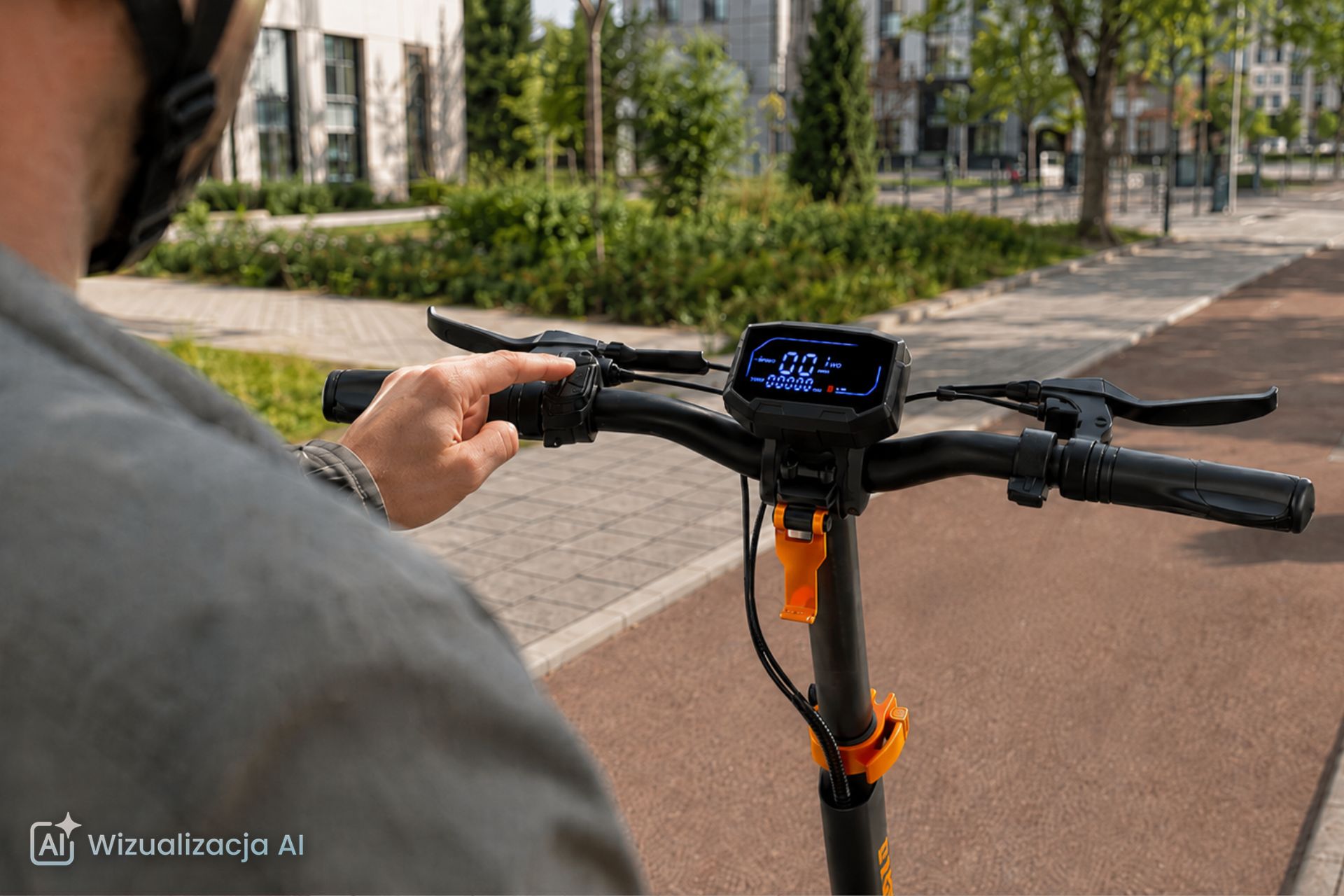 wygenerowana w AI grafika prezentująca włączony wyświetlacz hulajnogi elektrycznej Kamikaze na tle polskiego miasta