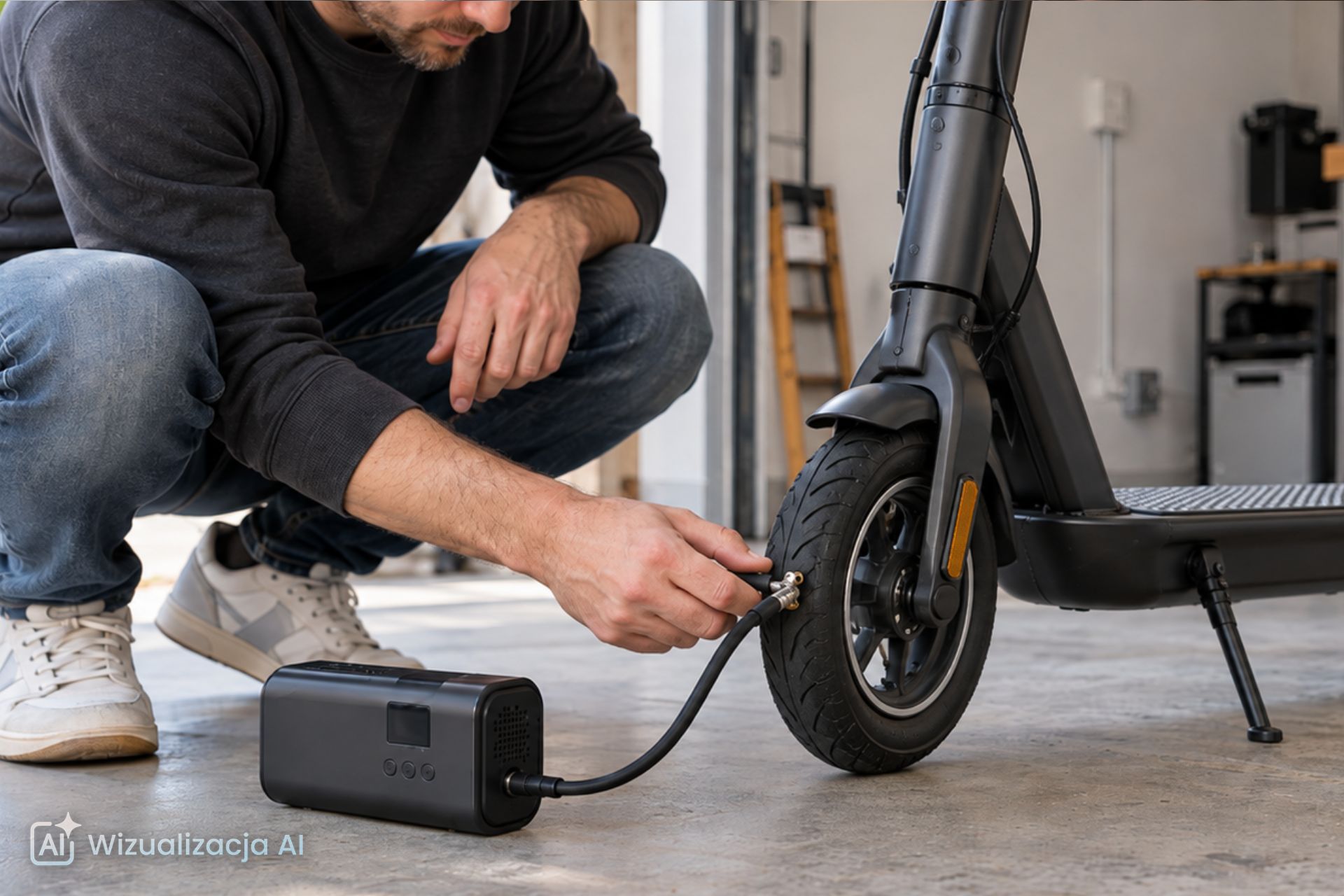 Wygenerowany przez AI fotorealistyczny obraz przedstawia mężczyznę w domowym garażu, kt&oacute;ry sprawdza ciśnienie w przednim kole hulajnogi elektrycznej za pomocą kompaktowego kompresora z cyfrowym wyświetlaczem. Wąż urządzenia jest prawidłowo podłączony do zaworu opony, a hulajnoga stoi stabilnie na stopce na betonowej posadzce.
