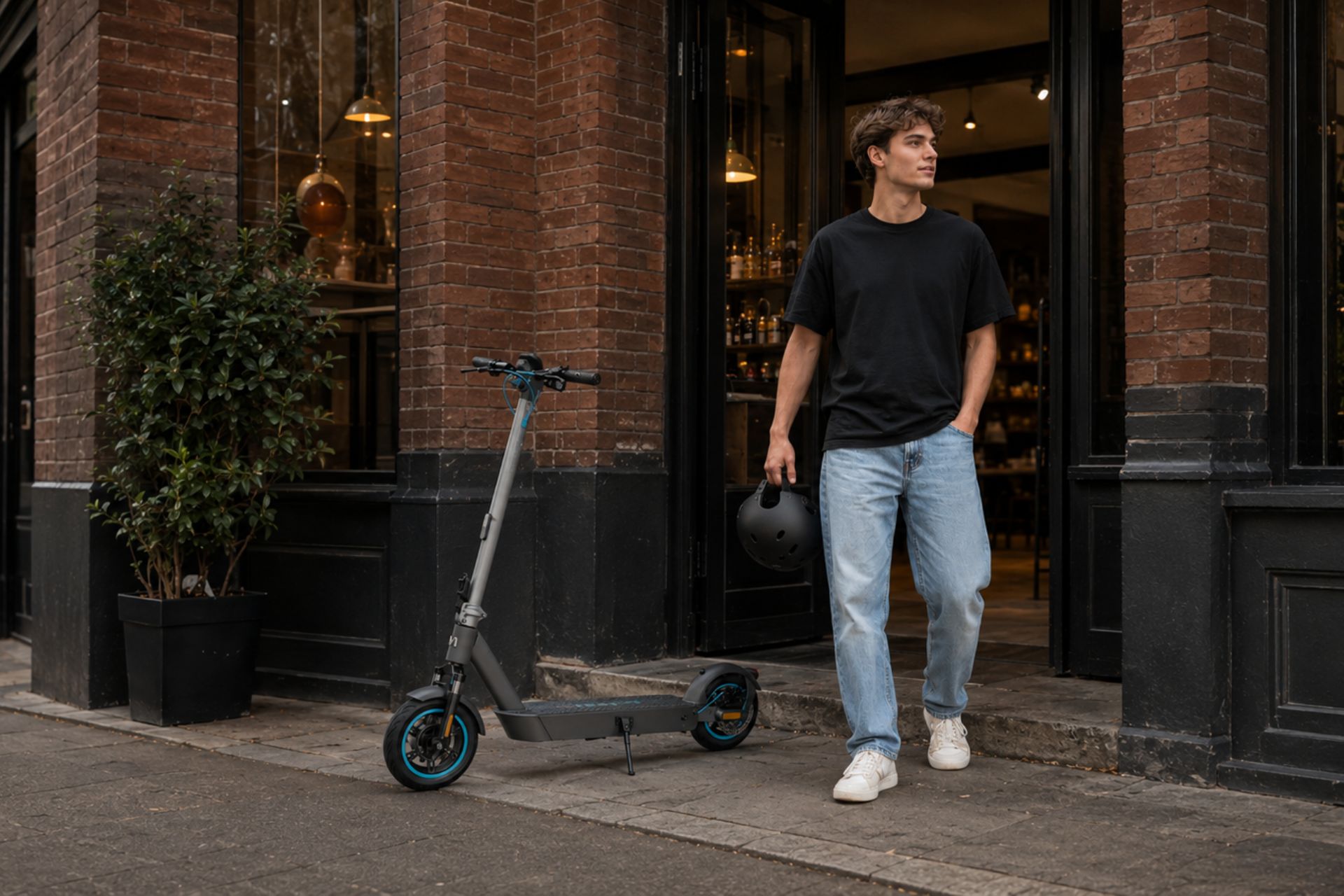 mężczyzna wychodzi ze sklepu, w ręce trzymając kask, koło niego stoi hulajnoga elektryczna Motus Scooty 10 Pro